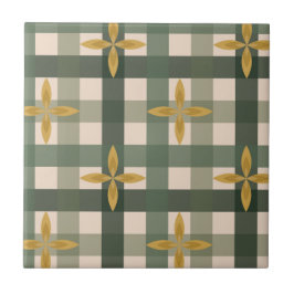 Azulejo De Cerâmica Azulejo de Gingham Verde & Folhas 