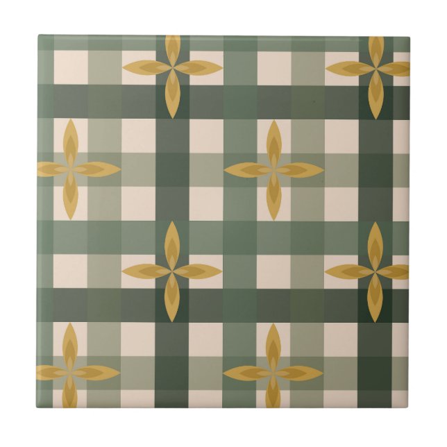 Azulejo De Cerâmica Azulejo de Gingham Verde & Folhas  (Frente)