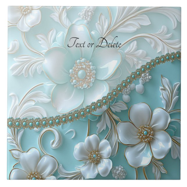 Azulejo De Cerâmica Azulejo Teal White Floral Cerâmica (Frente)