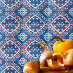 Azulejo De Cerâmica Azure Blue Red and White Ethnic Bohemian Patterian<br><div class="desc">Design de azulejo de decoração vibrante com um padrão sem costura composto por formas geométricas em azul,  vermelho e branco.</div>