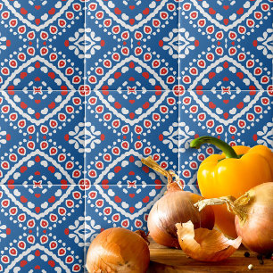 Azulejo De Cerâmica Azure Blue Red and White Ethnic Bohemian Patterian
