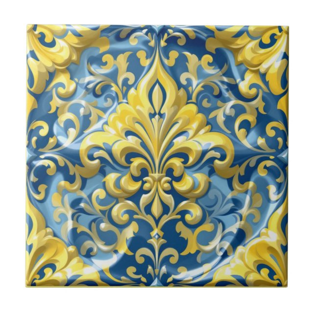 Azulejo De Cerâmica Azure Dourada Damask (Frente)