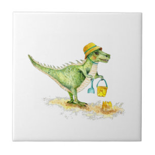 Azulejo De Cerâmica Baby Dinosaur T-Rex na praia