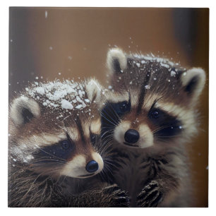 Azulejo De Cerâmica Baby Raccoons Huddle in Falling Snow