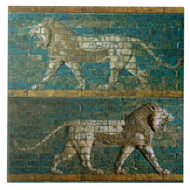 Azulejo De Cerâmica BABYLONIAN LIONS Arte Assíria Antiga (Frente)