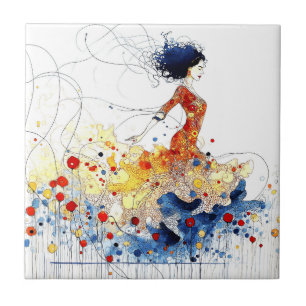Azulejo De Cerâmica Bailarina de Flamenco em Movimento Multicolorido F