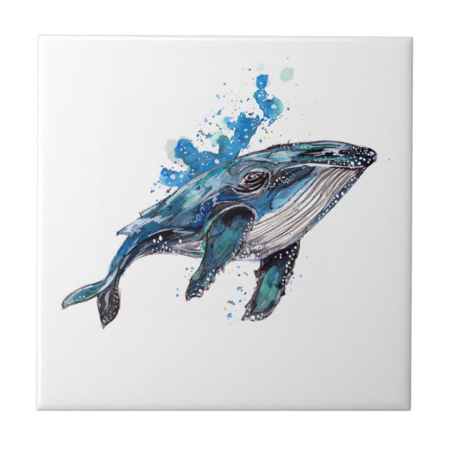 Azulejo De Cerâmica Baleia Azul Humpback Aquarela (Frente)