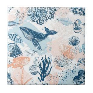 Azulejo De Cerâmica Baleia Costeira Vida Marinha Coral Azul Pêssego (1