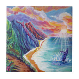 Azulejo De Cerâmica Baleia-jubarte havaiana e Na Pali de Kauai
