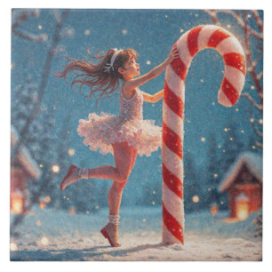 Azulejo De Cerâmica Ballerina Anime Girl & Candy Cane Christmas