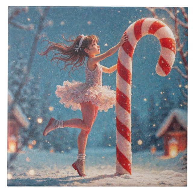 Azulejo De Cerâmica Ballerina Anime Girl & Candy Cane Christmas (Frente)