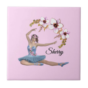 Azulejo De Cerâmica Ballerina em Azul Nome Pessoal Rosa