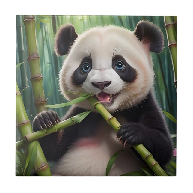 Azulejo De Cerâmica Bamboo Comendo Panda Bonito (Frente)