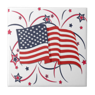 Azulejo De Cerâmica Bandeira americana e fogos-de-artifício