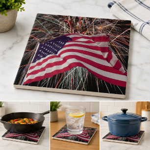 Azulejo De Cerâmica Bandeira americana e fogos-de-artifício