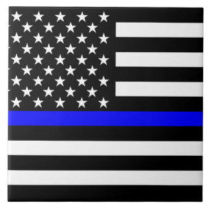 Azulejo De Cerâmica Bandeira americana fina de Blue Line preto e