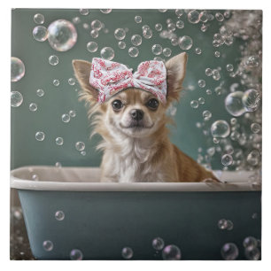Azulejo De Cerâmica Banho de Espuma de Cachorrinho Chihuahua Fofo