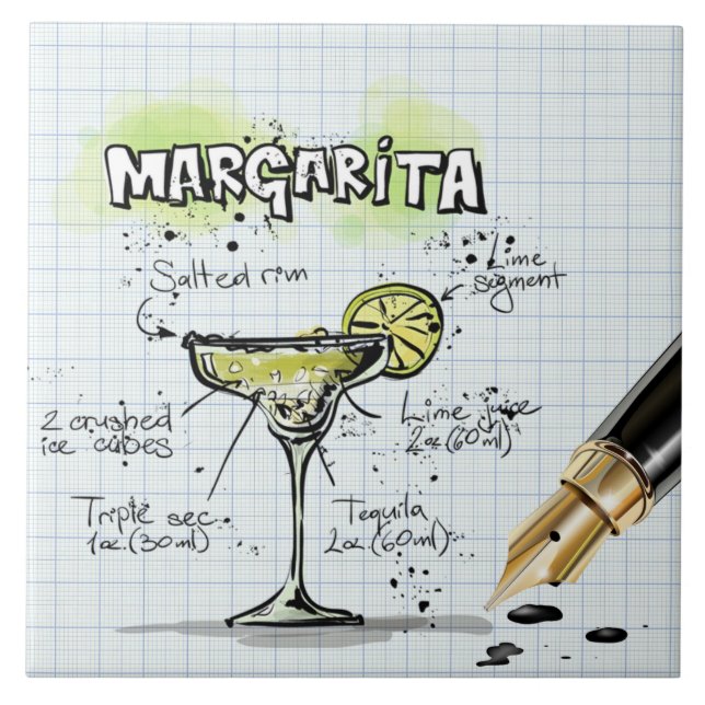 Azulejo De Cerâmica Bar de Desenho da Receita Margarita (Frente)