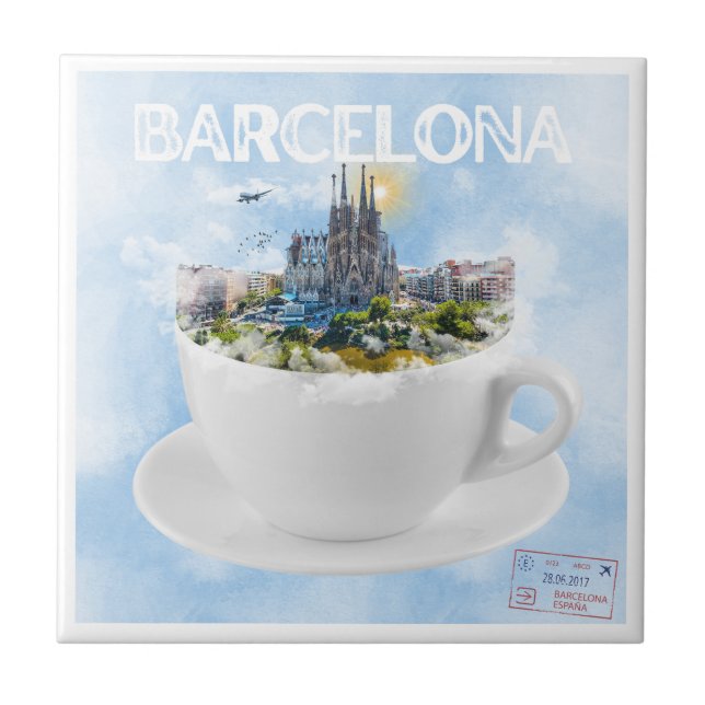 Azulejo De Cerâmica Barcelona em um Teacup - Sagrada Familia Skyline (Frente)