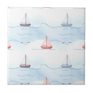 Azulejo De Cerâmica Barcos à Vela e Gaivotas Padrão Contínuo