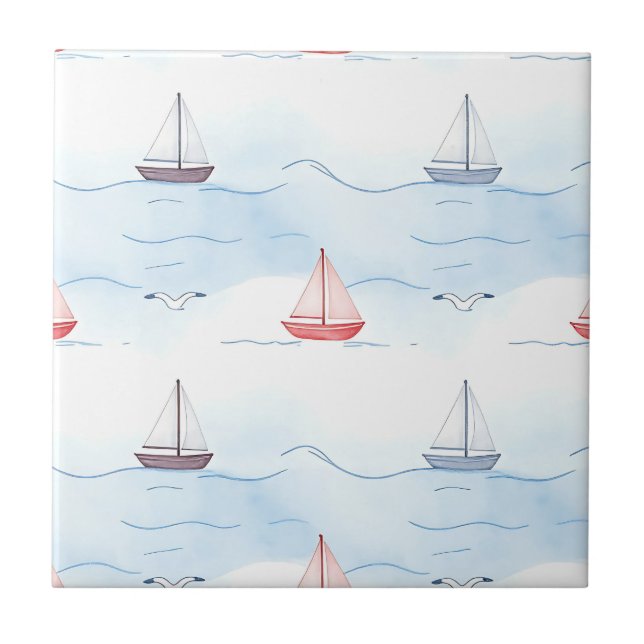 Azulejo De Cerâmica Barcos à Vela e Gaivotas Padrão Contínuo (Frente)