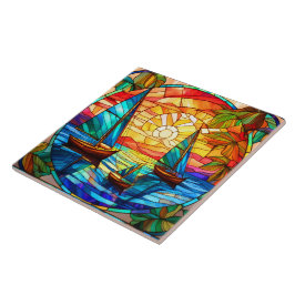 Azulejo De Cerâmica Barcos à vela e pôrs do sol Artefactos de vidro