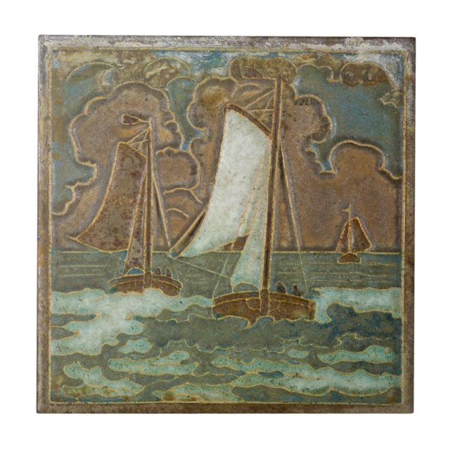 Azulejo De Cerâmica Barcos à vela na arte venenosa costurada oceânica (Frente)