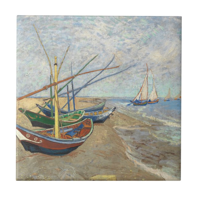 Azulejo De Cerâmica Barcos de pesca na praia por Vincent Van Gogh (Frente)