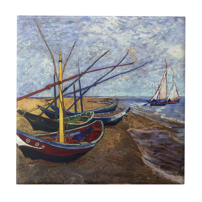 Azulejo De Cerâmica Barcos de Pesca Van Gogh em Praia (Frente)