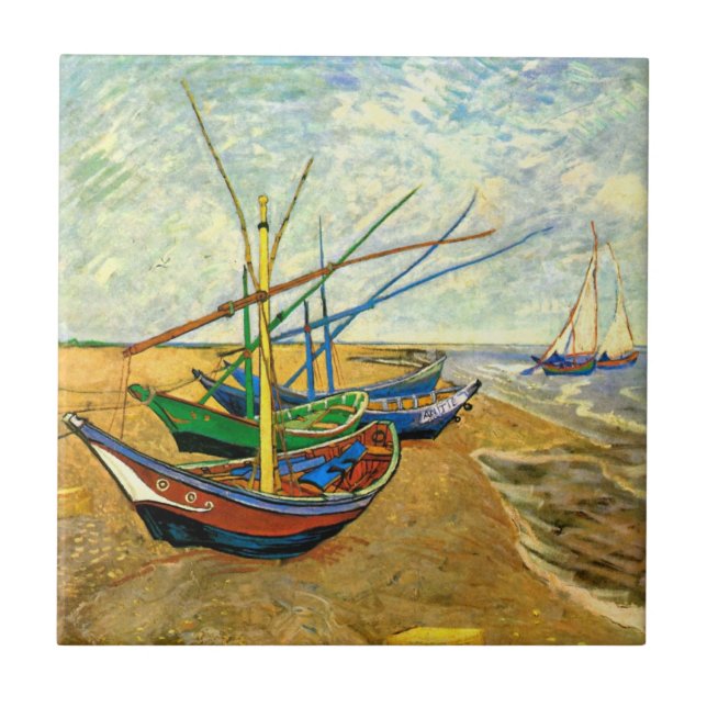Azulejo De Cerâmica Barcos de pesca Van Gogh na praia em Saintes Marie (Frente)