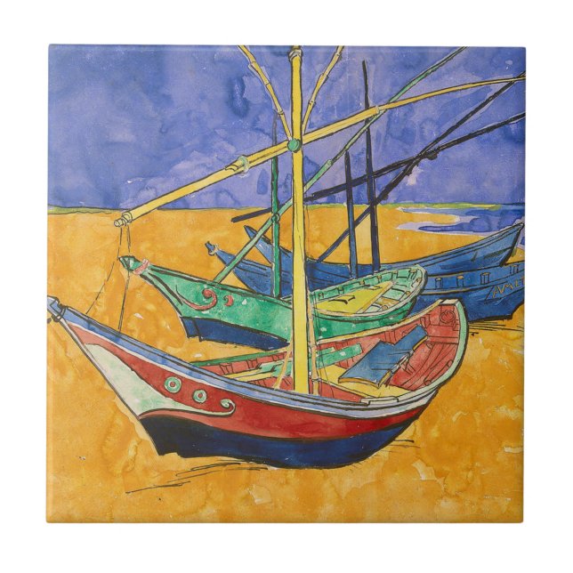 Azulejo De Cerâmica Barcos de Van Gogh Impressionismo Praia (Frente)