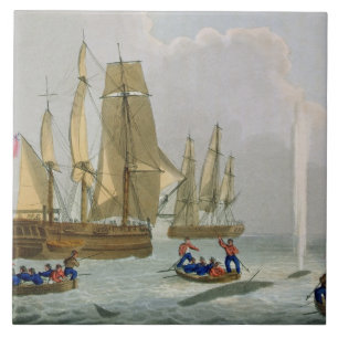Azulejo De Cerâmica Barcos que aproximam uma baleia, gravada pelo Dub