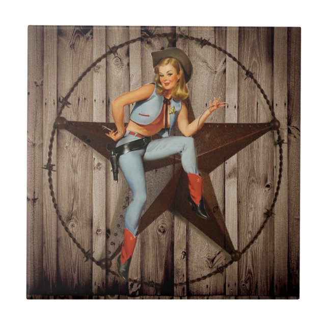 Azulejo De Cerâmica Barn Wood Texas Star West Country Cowgirl (Frente)