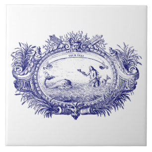 Azulejo De Cerâmica Barroco Azul Rococó Mermaid Fish Cartouche