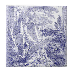 Azulejo De Cerâmica Barroco Rococo Boucher Pastoral Azul e Branco