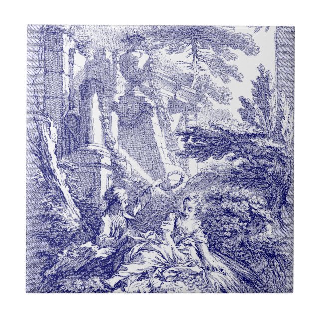 Azulejo De Cerâmica Barroco Rococo Boucher Pastoral Azul e Branco (Frente)