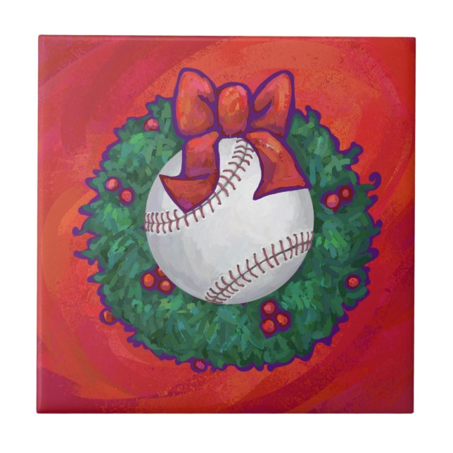 Azulejo De Cerâmica Baseball em Wreath em Vermelho (Frente)