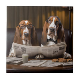 Azulejo De Cerâmica Basset hounds fofos lendo jornal