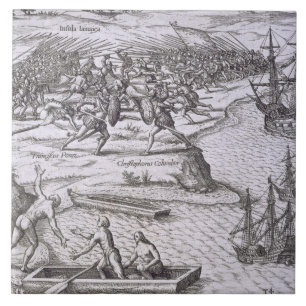 Azulejo De Cerâmica Batalha em Jamaica entre Cristóvão Colombo (14