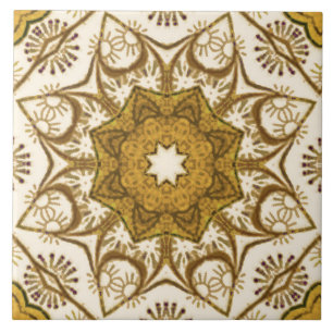 Azulejo De Cerâmica Batik Mandala, Padrão de Mostarda Dourada e Creme