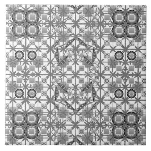 Azulejo De Cerâmica Batik Tribal - cinza, preto e branco