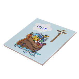 Azulejo De Cerâmica Batismo de Bebê de Arca de Noah Personalizável, Az