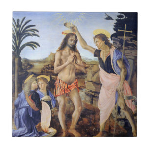 Azulejo De Cerâmica Batismo de Cristo por Verrocchio, Leonardo da Vinc