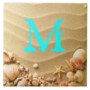 Azulejo De Cerâmica Beach Seashells Hawaii Sand Monograma Display Azul