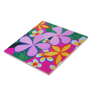 Azulejo De Cerâmica Beachê e flores tropicais modernas a rosa