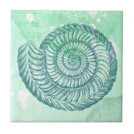 Azulejo De Cerâmica Beachy Spiral Seashell Blue Watercolor