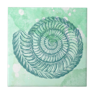 Azulejo De Cerâmica Beachy Spiral Seashell Blue Watercolor