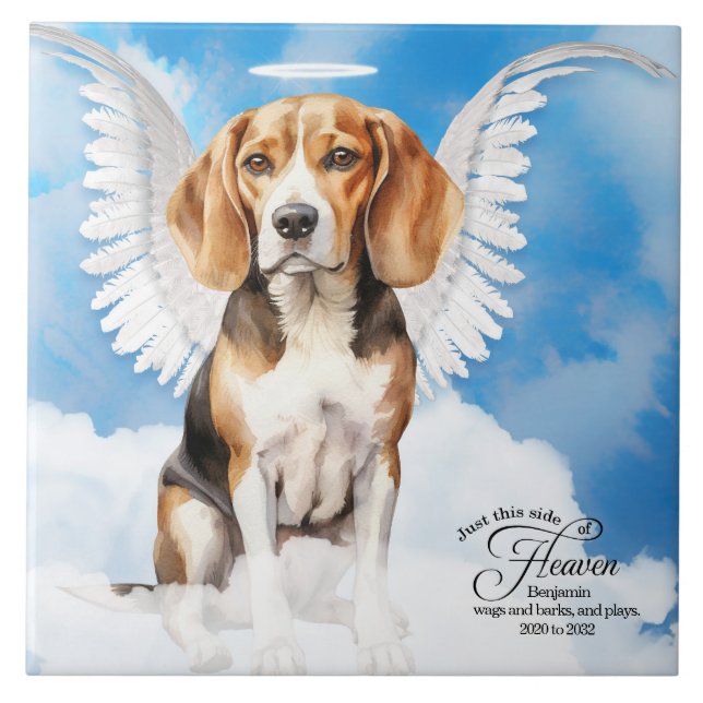 Azulejo De Cerâmica Beagle Angel Dog Memorial Personalizado Pet (Frente)