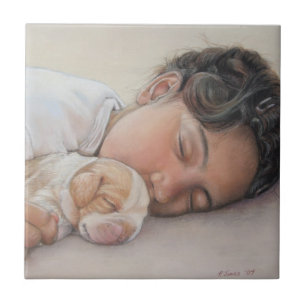 Azulejo De Cerâmica beagle fofinho doce abraçando dormindo criança e