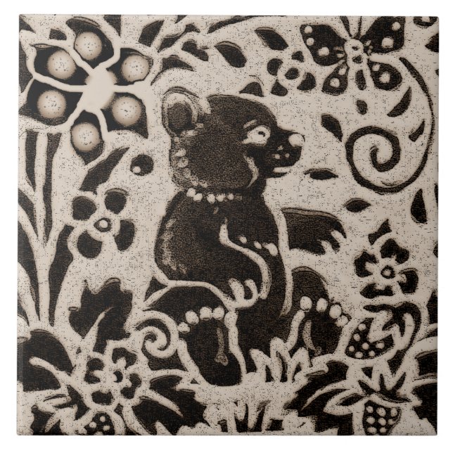 Azulejo De Cerâmica Bear Batik Stoneware Woodland Animal Tan Cinza (Frente)